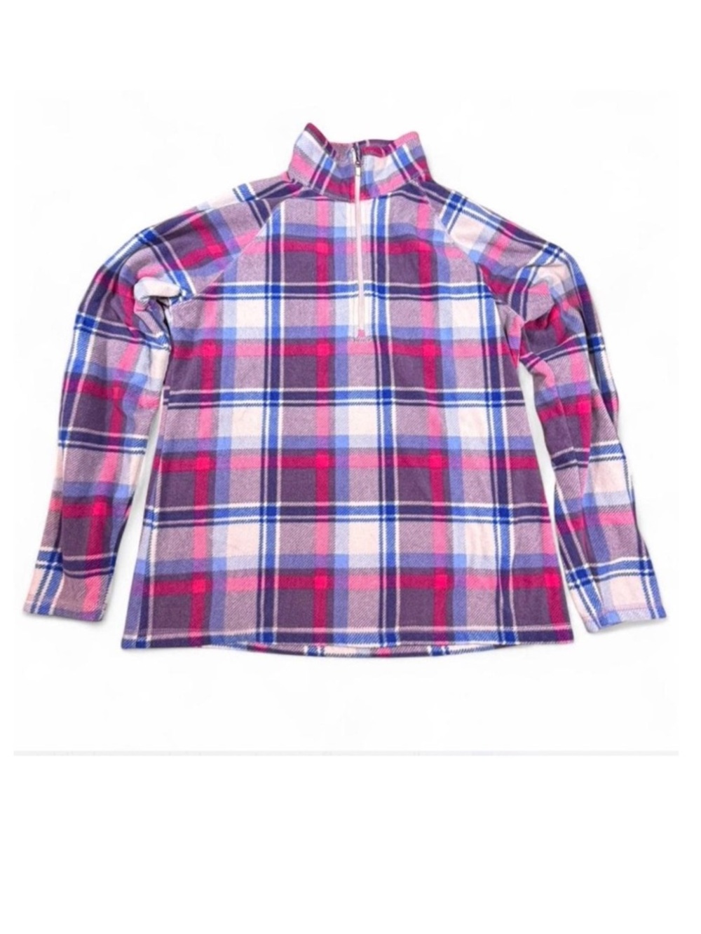Eddie Bauer Plaid Quarter Zip Fleece Pullover Pink Blue Women’s L